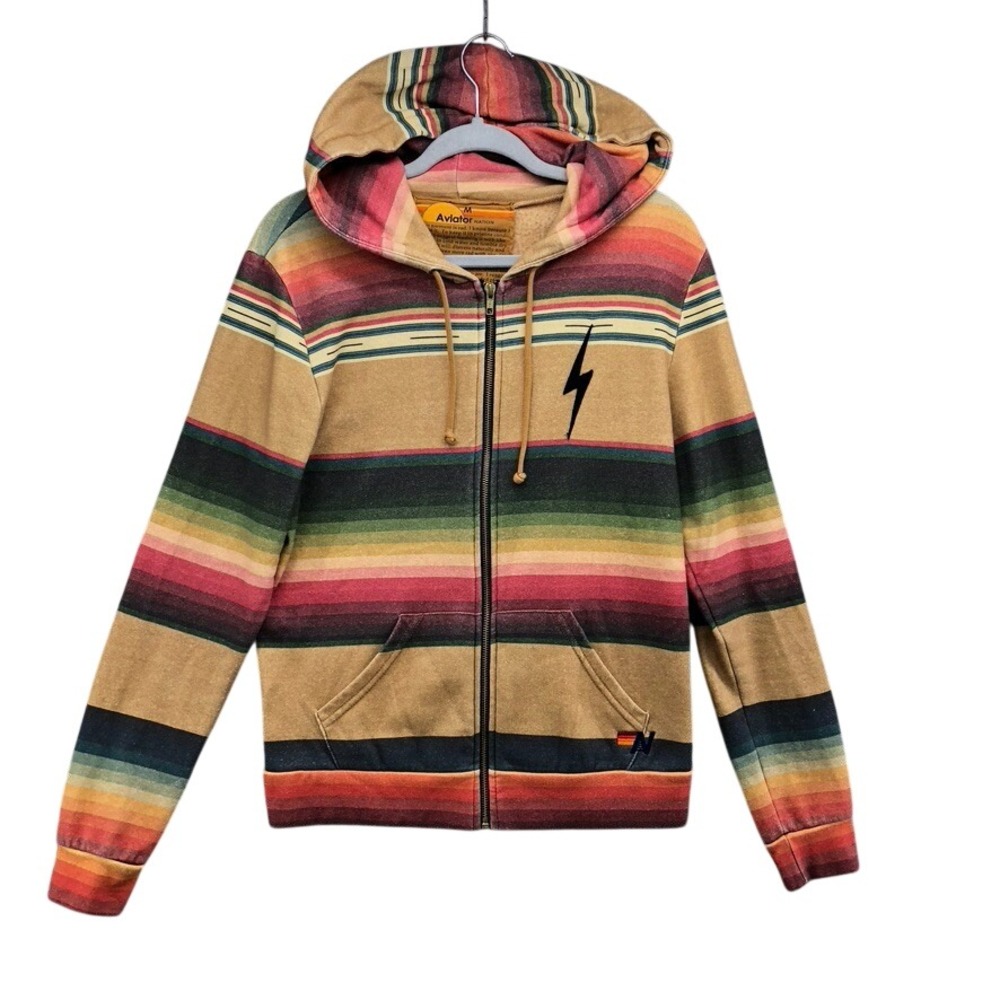 Aviator Nation Hoodie Unisex Medium Multicolor Striped Zip Up Lightning Bolt